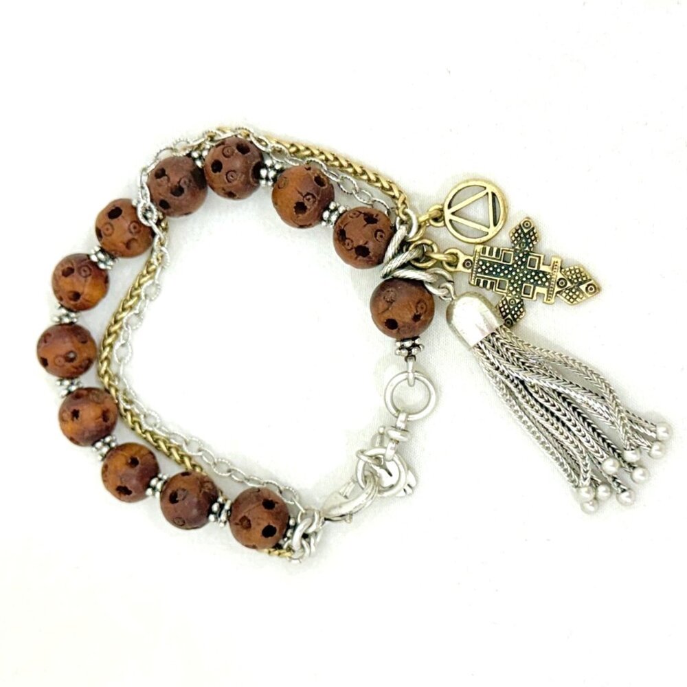 Vintage Lucky Brand Boho Charm Lava Bead Bracelet W/ Tassel, Cross, Unity Charm